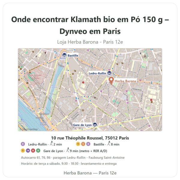 Onde encontrar Klamath bio em Pó 150 g – Dynveo em Paris - mapa da loja Herba Barona Paris 12e