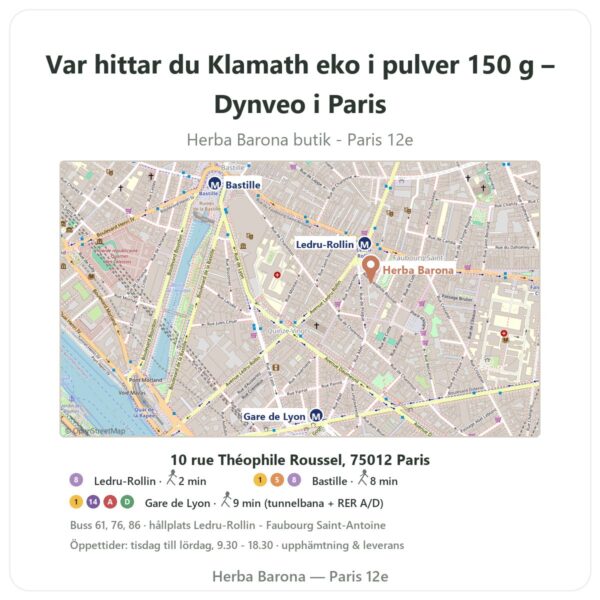 Var hittar du Klamath eko i pulver 150 g – Dynveo i Paris - butikskarta Herba Barona Paris 12e