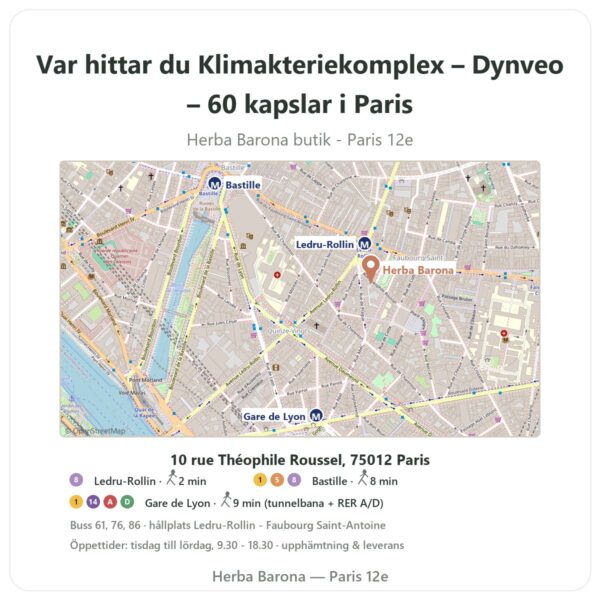 Var hittar du Klimakteriekomplex – Dynveo – 60 kapslar i Paris - butikskarta Herba Barona Paris 12e