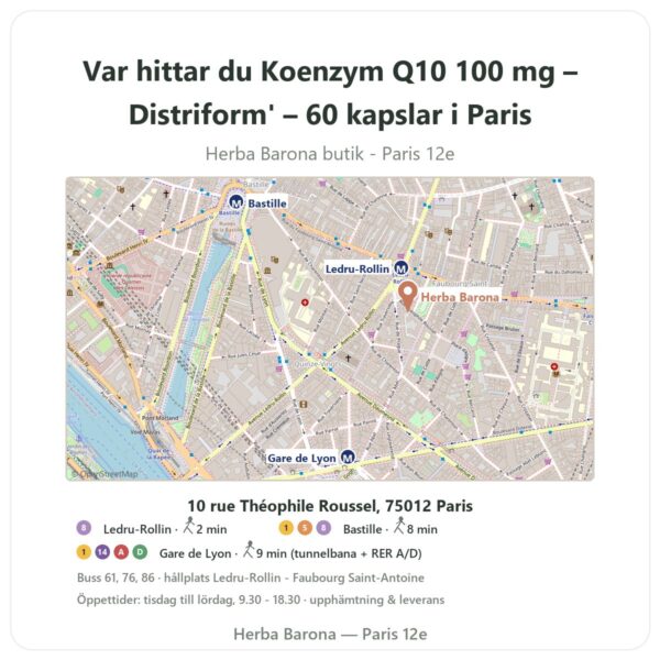 Var hittar du Koenzym Q10 100 mg – Distriform' – 60 kapslar i Paris - butikskarta Herba Barona Paris 12e