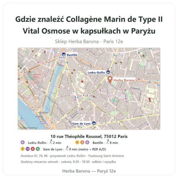 Gdzie znaleźć Collagène Marin de Type II Vital Osmose w kapsułkach w Paryżu - mapa sklepu Herba Barona Paris 12e