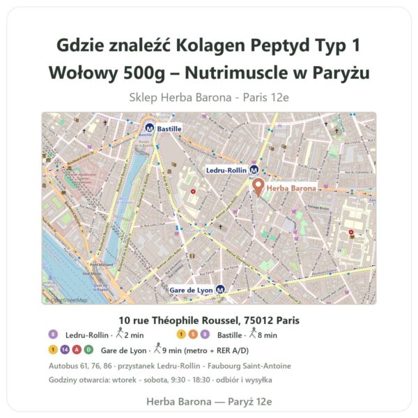 Gdzie znaleźć Kolagen Peptyd Typ 1 Wołowy 500g – Nutrimuscle w Paryżu - mapa sklepu Herba Barona Paris 12e