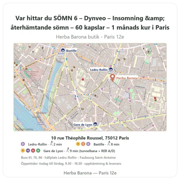 Var hittar du SÖMN 6 – Dynveo – Insomning & återhämtande sömn – 60 kapslar – 1 månads kur i Paris - butikskarta Herba Barona Paris 12e