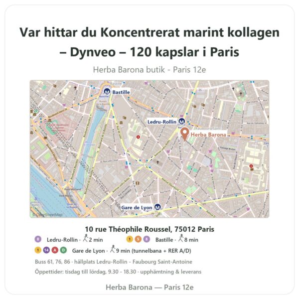 Var hittar du Koncentrerat marint kollagen – Dynveo – 120 kapslar i Paris - butikskarta Herba Barona Paris 12e