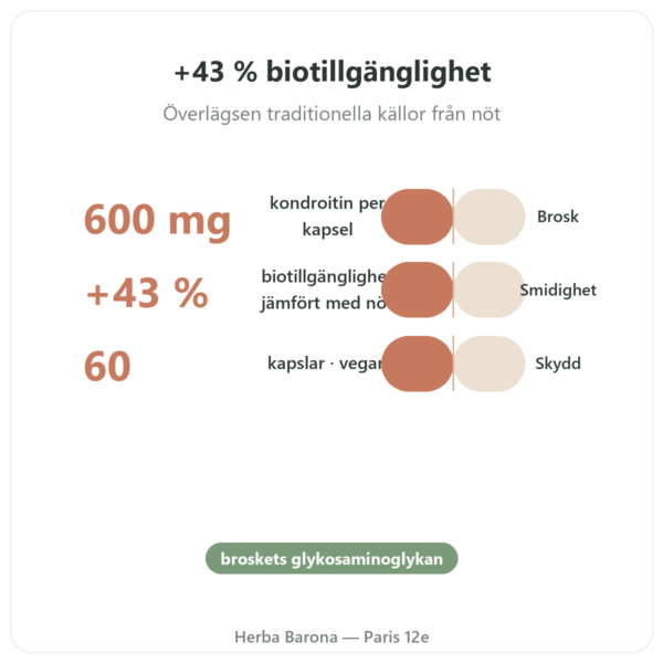 Kondroitinsulfat 600 mg – 60 kapslar – Dynveo fördelar och nyckelfakta Paris Herba Barona