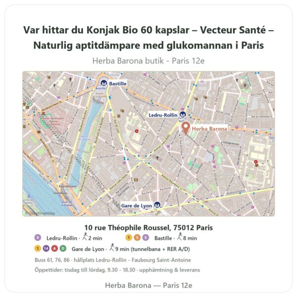 Var hittar du Konjak Bio 60 kapslar – Vecteur Santé – Naturlig aptitdämpare med glukomannan i Paris - butikskarta Herba Barona Paris 12e
