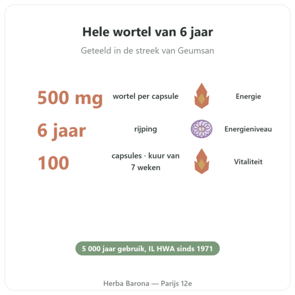 Koreaanse ginseng 100 capsules 500mg IL HWA Korea - Adaptogeen voordelen en kerngegevens Paris Herba Barona