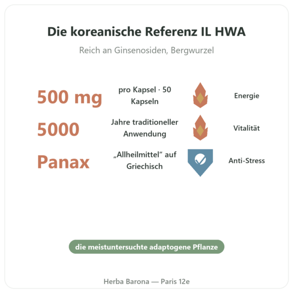 Koreanischer Ginseng 50 Kapseln 500 mg – IL HWA Korea – Adaptogen Vorteile und Fakten Paris Herba Barona