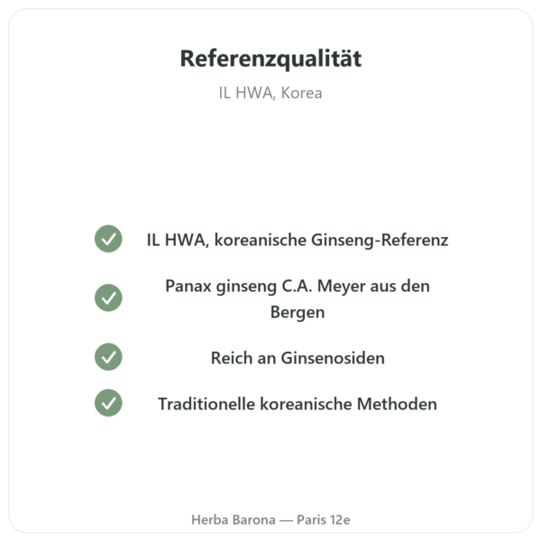 Koreanischer Ginseng 50 Kapseln 500 mg – IL HWA Korea – Adaptogen Qualität Paris Herba Barona