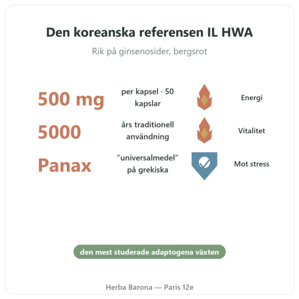 Koreansk Ginseng 50 Kapslar 500 mg IL HWA Korea – Adaptogen fördelar och nyckelfakta Paris Herba Barona