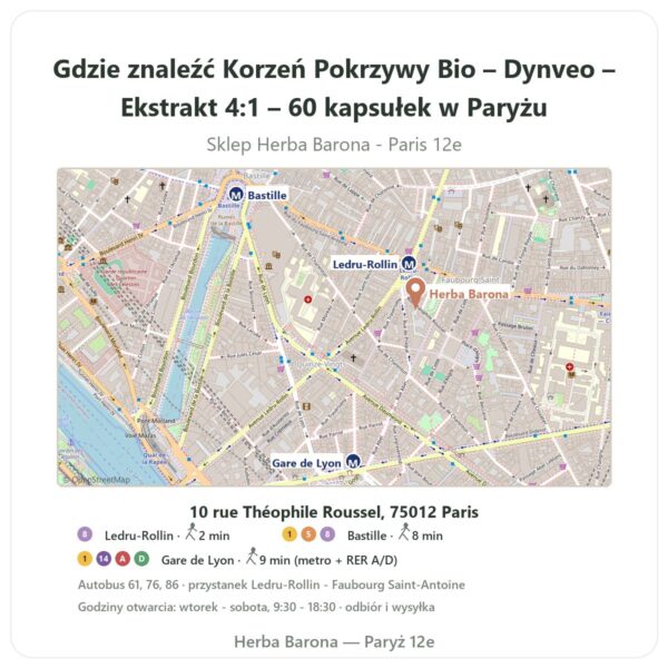 Gdzie znaleźć Korzeń Pokrzywy Bio – Dynveo – Ekstrakt 4:1 – 60 kapsułek w Paryżu - mapa sklepu Herba Barona Paris 12e