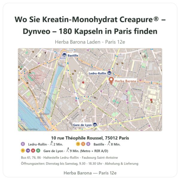 Wo finden Sie Kreatin-Monohydrat Creapure® – Dynveo – 180 Kapseln in Paris - Ladenplan Herba Barona Paris 12e