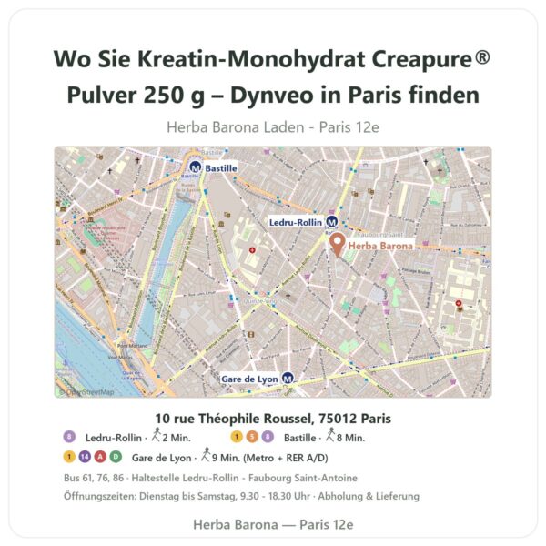Wo finden Sie Kreatin-Monohydrat Creapure® Pulver 250 g – Dynveo in Paris - Ladenplan Herba Barona Paris 12e