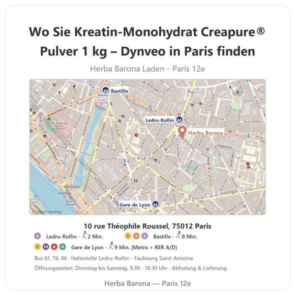 Wo finden Sie Kreatin-Monohydrat Creapure® Pulver 1 kg – Dynveo in Paris - Ladenplan Herba Barona Paris 12e