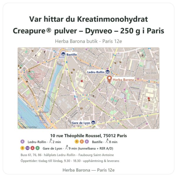 Var hittar du Kreatinmonohydrat Creapure® pulver – Dynveo – 250 g i Paris - butikskarta Herba Barona Paris 12e