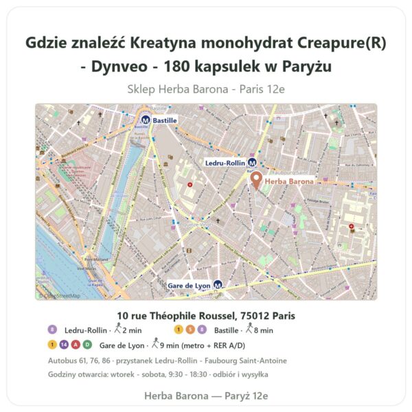Gdzie znaleźć Kreatyna monohydrat Creapure(R) - Dynveo - 180 kapsulek w Paryżu - mapa sklepu Herba Barona Paris 12e