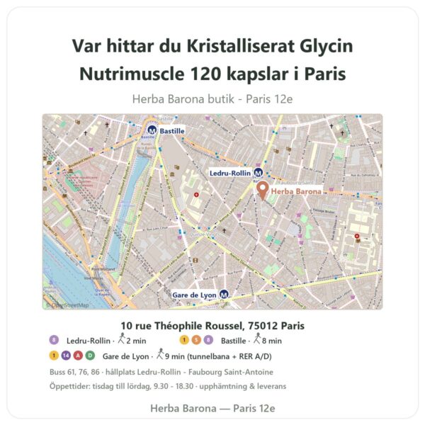 Var hittar du Kristalliserat Glycin Nutrimuscle 120 kapslar i Paris - butikskarta Herba Barona Paris 12e
