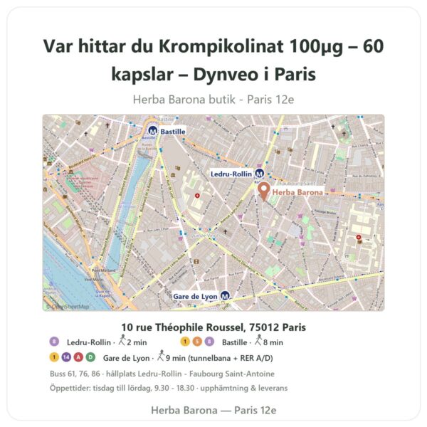 Var hittar du Krompikolinat 100µg – 60 kapslar – Dynveo i Paris - butikskarta Herba Barona Paris 12e