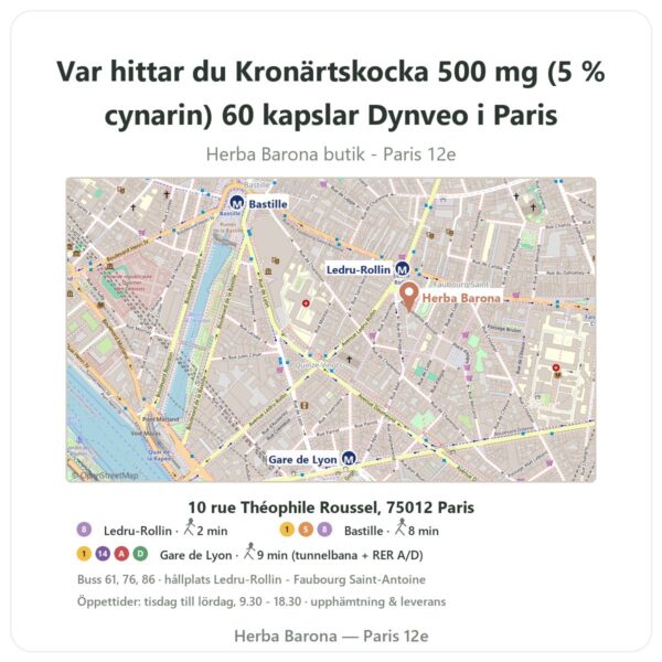 Var hittar du Kronärtskocka 500 mg (5 % cynarin) 60 kapslar Dynveo i Paris - butikskarta Herba Barona Paris 12e
