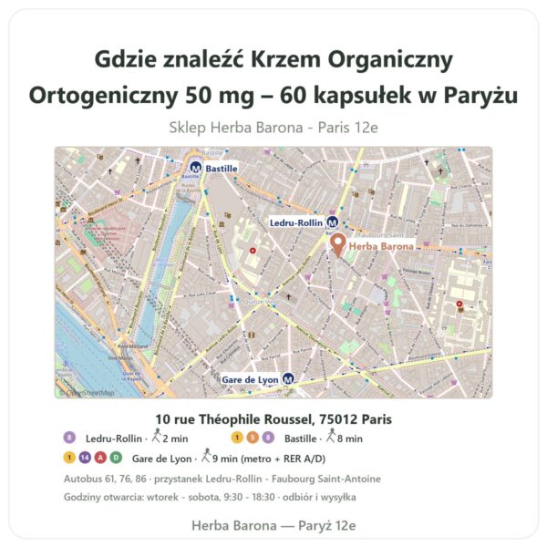 Gdzie znaleźć Krzem Organiczny Ortogeniczny 50 mg – 60 kapsułek w Paryżu - mapa sklepu Herba Barona Paris 12e