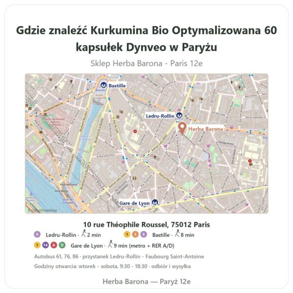 Gdzie znaleźć Kurkumina Bio Optymalizowana 60 kapsułek Dynveo w Paryżu - mapa sklepu Herba Barona Paris 12e