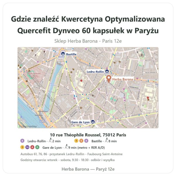 Gdzie znaleźć Kwercetyna Optymalizowana Quercefit Dynveo 60 kapsułek w Paryżu - mapa sklepu Herba Barona Paris 12e