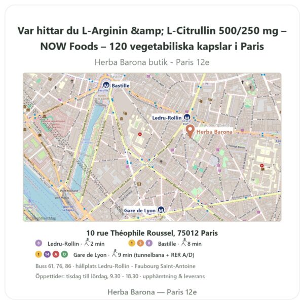 Var hittar du L-Arginin & L-Citrullin 500/250 mg – NOW Foods – 120 vegetabiliska kapslar i Paris - butikskarta Herba Barona Paris 12e