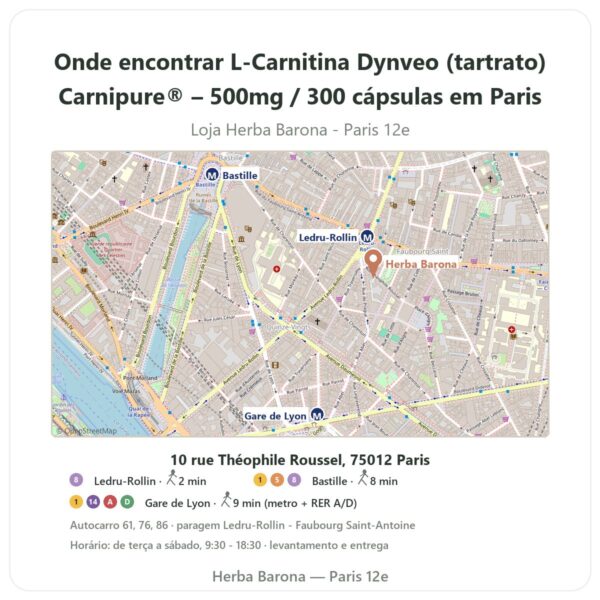 Onde encontrar L-Carnitina Dynveo (tartrato) Carnipure® – 500mg / 300 cápsulas em Paris - mapa da loja Herba Barona Paris 12e