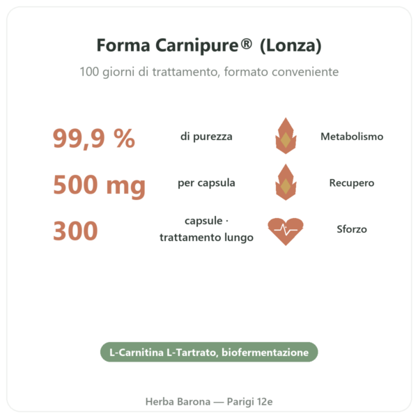 L-Carnitina Dynveo (tartrato) Carnipure® – 500mg / 300 capsule benefici e dati chiave Paris Herba Barona