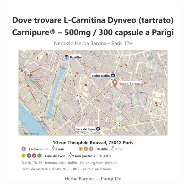 Dove trovare L-Carnitina Dynveo (tartrato) Carnipure® – 500mg / 300 capsule a Parigi - mappa del negozio Herba Barona Paris 12e