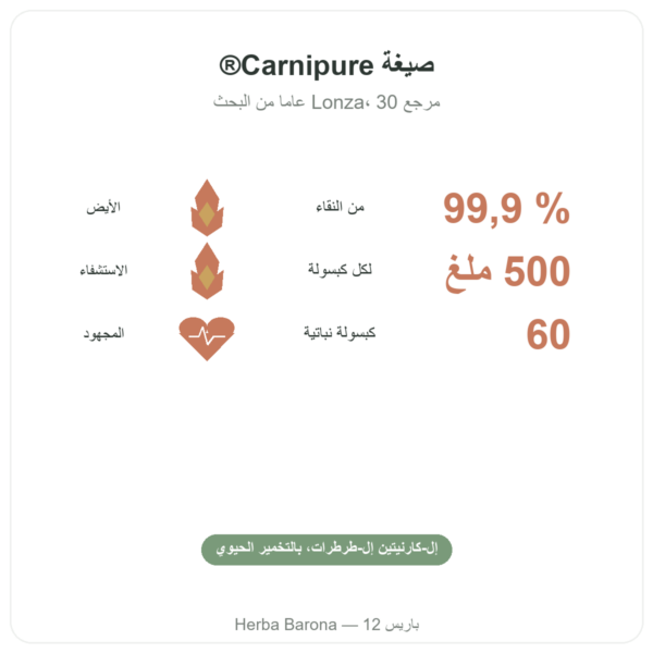كارنيتين (تارترات) Carnipure® – 500 ملغ / 60 كبسولة Dynveo الفوائد والمعطيات الرئيسية Paris Herba Barona