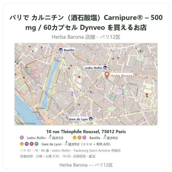 Where to find カルニチン(酒石酸塩)Carnipure® – 500mg / 60カプセル Dynveo in Paris - store map Herba Barona Paris 12e