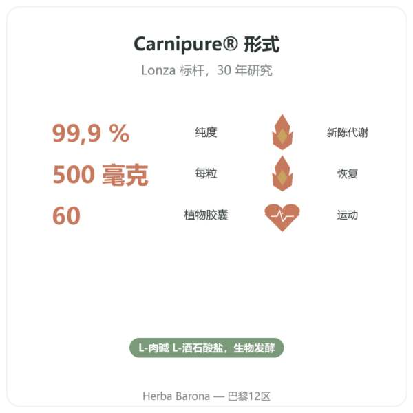 左旋肉碱(酒石酸盐)Carnipure® – 500mg / 60粒胶囊 Dynveo 功效与数据 Paris Herba Barona