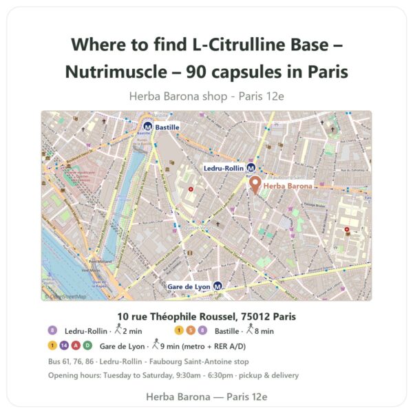 Where to find L-Citrulline Base – Nutrimuscle – 90 capsules in Paris - store map Herba Barona Paris 12e