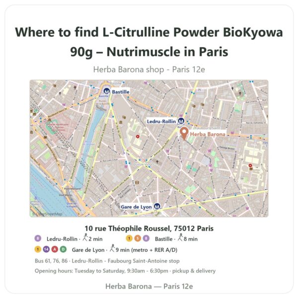 Where to find L-Citrulline Powder BioKyowa 90g – Nutrimuscle in Paris - store map Herba Barona Paris 12e