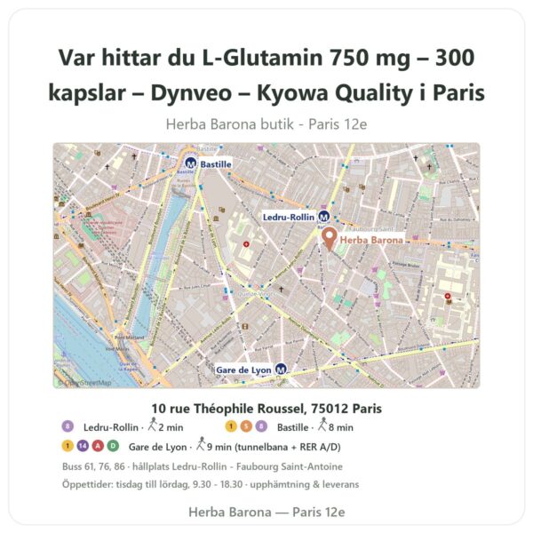 Var hittar du L-Glutamin 750 mg – 300 kapslar – Dynveo – Kyowa Quality i Paris - butikskarta Herba Barona Paris 12e