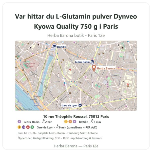 Var hittar du L-Glutamin pulver Dynveo Kyowa Quality 750 g i Paris - butikskarta Herba Barona Paris 12e