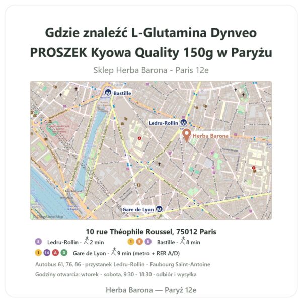 Gdzie znaleźć L-Glutamina Dynveo PROSZEK Kyowa Quality 150g w Paryżu - mapa sklepu Herba Barona Paris 12e