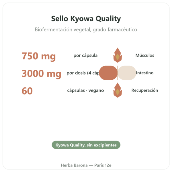 L-Glutamina 750 mg – 60 cápsulas – Dynveo – Kyowa Quality beneficios y datos clave Paris Herba Barona