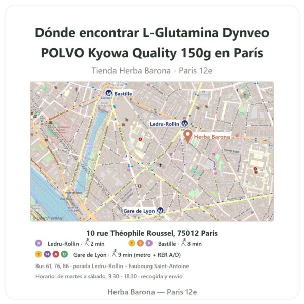 Dónde encontrar L-Glutamina Dynveo POLVO Kyowa Quality 150g en París - plano de la tienda Herba Barona Paris 12e