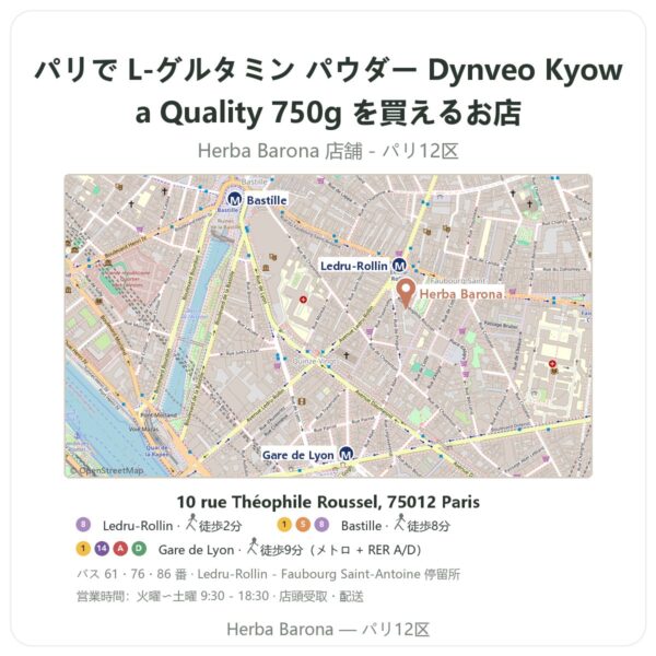 Where to find L-グルタミン パウダー Dynveo Kyowa Quality 750g in Paris - store map Herba Barona Paris 12e