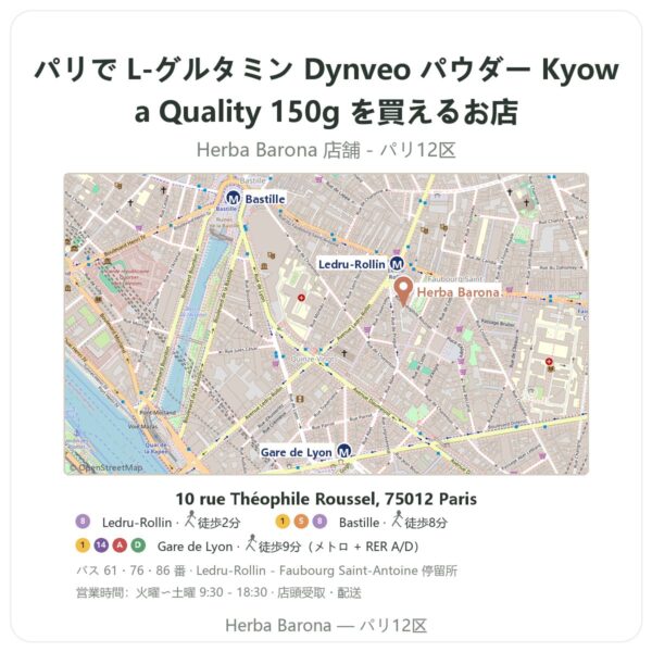 Where to find L-グルタミン Dynveo パウダー Kyowa Quality 150g in Paris - store map Herba Barona Paris 12e