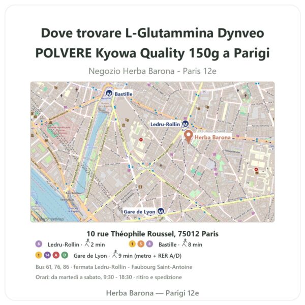 Dove trovare L-Glutammina Dynveo POLVERE Kyowa Quality 150g a Parigi - mappa del negozio Herba Barona Paris 12e