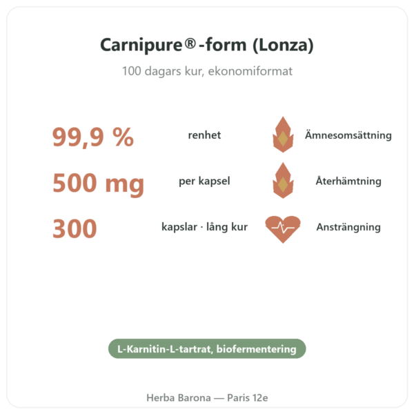 L-karnitin Dynveo (tartrat) Carnipure® – 500 mg / 300 kapslar fördelar och nyckelfakta Paris Herba Barona