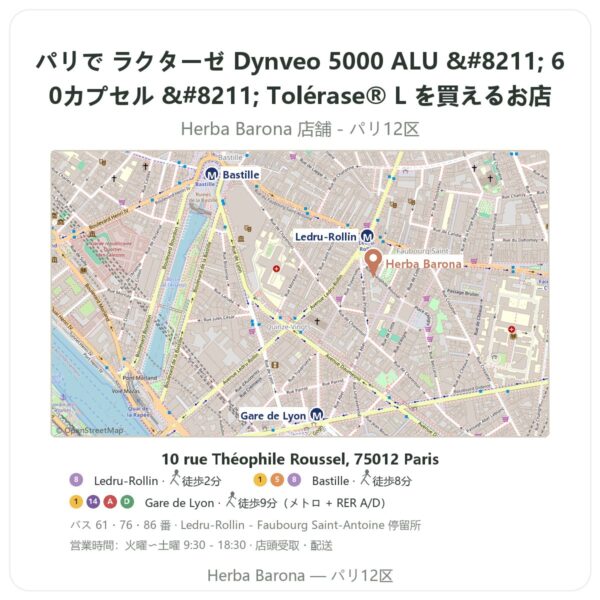 Where to find ラクターゼ Dynveo 5000 ALU – 60カプセル – Tolérase® L in Paris - store map Herba Barona Paris 12e