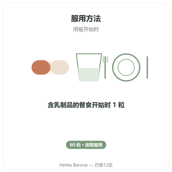 乳糖酶 Dynveo 5000 ALU - 60粒胶囊 - Tolérase® L 使用方法与建议剂量 Paris Herba Barona