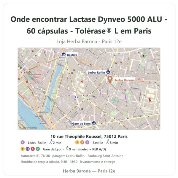 Onde encontrar Lactase Dynveo 5000 ALU - 60 cápsulas - Tolérase® L em Paris - mapa da loja Herba Barona Paris 12e