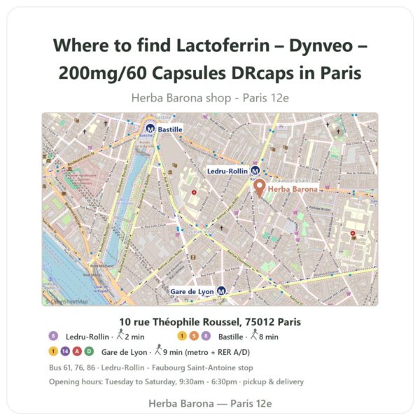 Where to find Lactoferrin – Dynveo – 200mg/60 Capsules DRcaps in Paris - store map Herba Barona Paris 12e