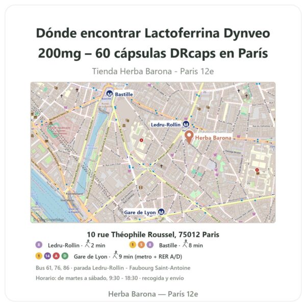 Dónde encontrar Lactoferrina Dynveo 200mg – 60 cápsulas DRcaps en París - plano de la tienda Herba Barona Paris 12e