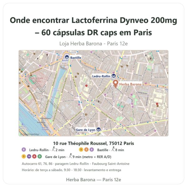 Onde encontrar Lactoferrina Dynveo 200mg – 60 cápsulas DR caps em Paris - mapa da loja Herba Barona Paris 12e